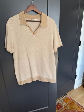 Marine Layer Men's Beige Knit Polo with Contrast Trim